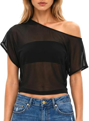 Navneet Women Sheer Mesh Top See Through Off Shoulder Top | Sexy Bardot Top Asymmetrical One Shoulder Tops Y2K Going Out Top Clubbing Top Rave Festival Outfits Beach Holidays