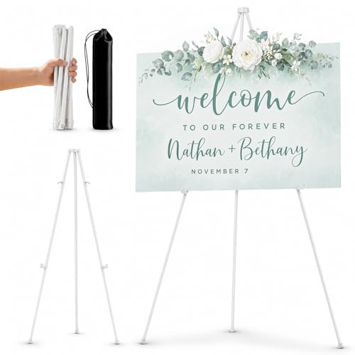 KORVORIA Cavalletto per Tableau Matrimonio ed Esposizione Pieghevole, Treppiede in Metallo Bianco 160cm con Borsa, Supporto per Cartello Benvenuto, Feste, Negozi e Poster