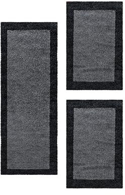 HomebyHome Alfombra Alrededor de la Cama Peludo de Pila Larga Diseño de Bordes Dormitorio Suave y Esponjoso Rectangular 3 Partes de Corredor, Color:Antracita, Juego de Cama:2X 60x110 + 1x 80x150
