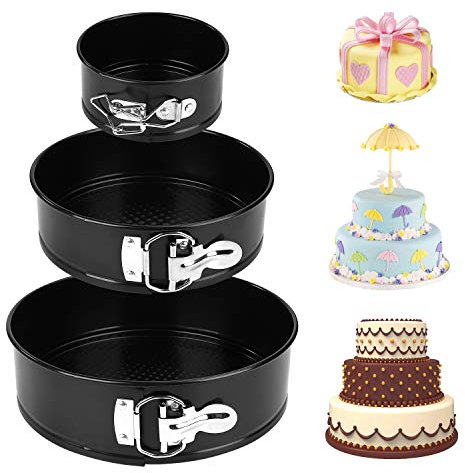 ISIYINER Tortiera Apribile Set da 3 Antiaderente Rotonde Tortiera a Cerniera Stampo Tondo per Torte in Acciaio al Carbonio Nero (10,2 cm, 18 cm e 22 cm)