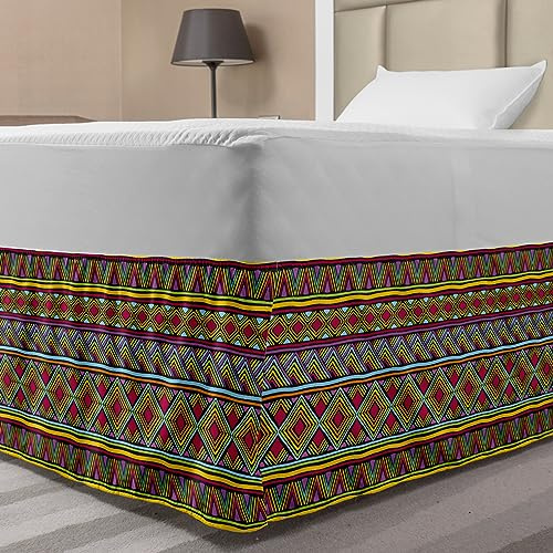 Ambesonne African Bedskirt, Colorful Diamond Motifs with Angled Lines Lively Palette Geometric Borders, Bedroom Decor Wrap Around Elastic Bed Skirt Gathered Design, Full, Multicolor