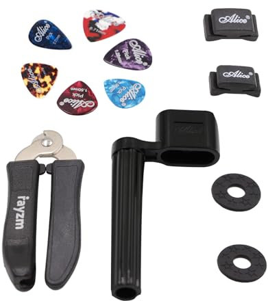 Rayzm Gitarrensaitenwickler/Bridge Pin Extractor, Gitarrensaitenschneider/Pin Puller, 6 Stück Celluloid Guitar Picks Plektren, Gummi-Gitarrengurtschlösser, nicht klebender Gitarren-Pick-Halter
