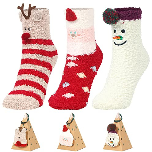 Aurasky Calzini di Natale, 3 Paia Calze a Pantofola Donna, Calzini Donna Divertenti, Furry Calzettoni Invernali, Confezione Regalo di Natale per Donne Bambini