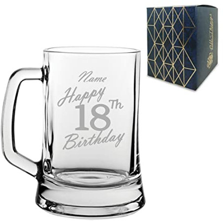 Personalised Engraved Tankard Beer Mug Stein Happy 18th Birthday Handwritten Design Gift Boxed, 16.75oz/495ml Classic Beer Glass, Any Name, Engraved in The UK