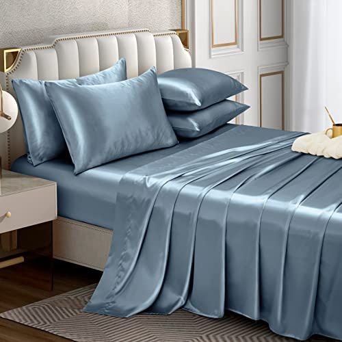 Horbaunal 6 Piece Satin Sheet Set Full Size Luxury Silky & Soft Dusty Blue Satin Full Bed Sheet Set with 16 Deep Pocket, 1 Fitted Sheet, 1 Flat Sheet, 4 Pillowcases