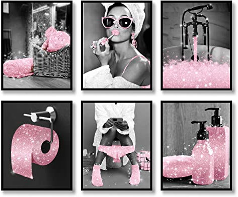 Luodroduo Fashion Wall Art Decor Prints Set of 6 Black and White Pink Glam Glitter Canvas Posters Pictures Photos Artwork Wall Modern Women Funny Bathroom (B&W PINK, 8x10 UNFRAMED)