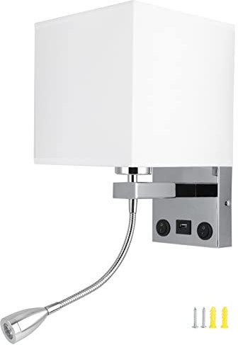 Tissting Luz de Pared LED con USB, Moderna Lámpara de Lectura con Brazo Oscilante y Cargador USB, Tela de Lino, para Dormitorio, Sala de Estar y Hotel