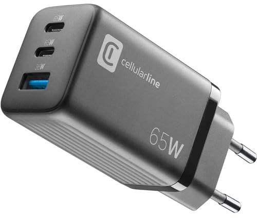 Cellularline | Multipower Micro Netzladegerät | Super Fast Charger 65W mit 3 USB-C-Anschlüssen - ausgestattet mit Gan-Technologie - Kompatibel mit Smartphones, iPhone, Tablet, iPad, Laptop und MacBook