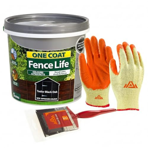 PERFECTONISH One Coat Fence 5L Quick Dry Wood, Outdoor Garden Paint for Garden Shed Water Repellent Furniture With Free 3” Brush and Protective Gloves (Tudor Black)