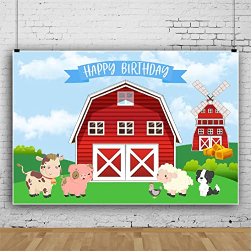 Ttincceer 220x150cm Feliz cumpleaños telón de Fondo de Dibujos Animados Animal Granja fotografía Fondo Rojo Granja Molino de Viento fotografía Fondo Verde Pradera Fondo bebé Ducha decoración