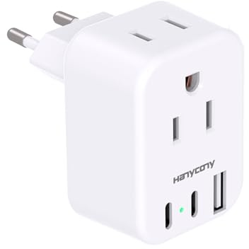 European Travel Plug Adapter USB C, HANYCONY International Plug Adapter, US to Europe Adapter Plug 2 Outlets 3 USB Ports(2 C Port), Type C Power Adapter to Italy Spain France Portugal Iceland Germany