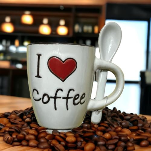 generico Taza de café de cerámica con cucharilla integrada, con texto I Love Coffe, altura 6,5 cm, capacidad 65 ml (blanco_beige)