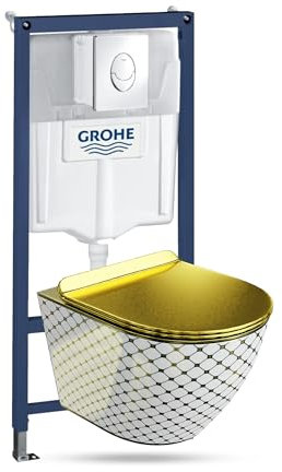 LAVITA Élément mural Solido Start + WC suspendu mural Sofi Slim Checked Gold sans bord + abattant WC SoftClose | Bouton chromé | Kit complet | Réservoir de chasse encastré | Kit complet | WC complet |