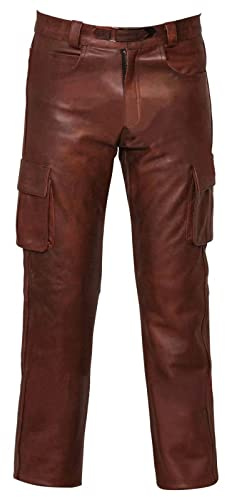 Leather Trousers Men's Long Biker Leather Jeans Men's Brown Motorcycle Trousers Regular Fit Outdoor Trousers Vintage Jogging Bottoms Leisure Biker Jeans with Pockets Straight Stretch Motorcycle Jeans