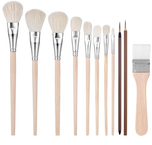 Thinp 11 Stück Rund Acryl Pinsel Set, Ziegenhaar mit Hölzernen Griff für Wasserfarben, Acrylfarben, Ölfarben, Aquarelle, Blattgold Schablonen