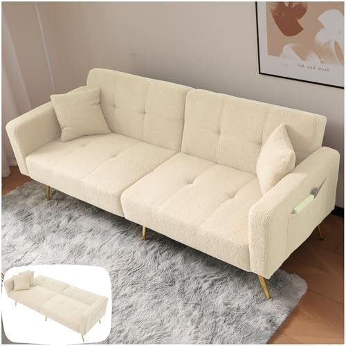 Seyakany - Sofá convertible con cojines y bolsillos de almacenamiento laterales, sofá de 2 plazas, sofá cama con función cama, ángulo ajustable, patas doradas, color beige