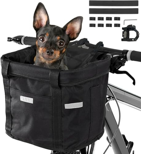 Bibykivn Cestino Anteriore Staccabile per Bici, Adattatore Manubrio, Cestino Multiuso per Cani, Gatto, Ciclismo, Picnic, Shopping (Nero-A)