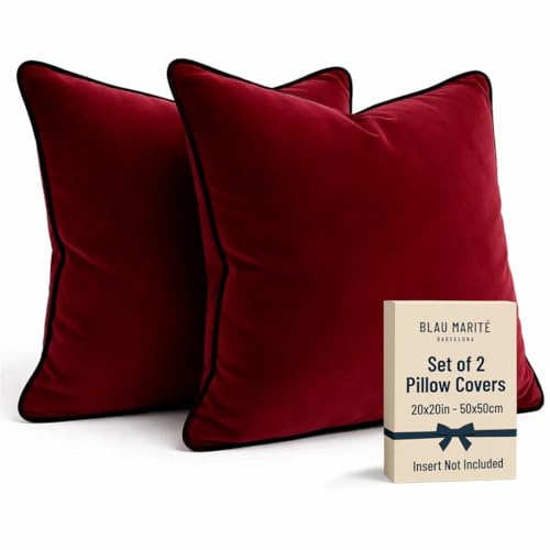 Blau Marité Set di 2 fodere copricuscino quadrate in velluto morbido con bordo a contrasto, per divano, letto, soggiorno e camera, Bordeaux, 50x50 cm