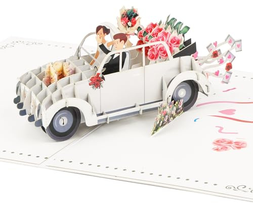 Vicloon Carte Pop-Up Voiture de Mariage, Voiture de Mariage 3D Pop-Up Carte, Carte de Mariage 3D avec Voiture Just Married, Cadeau avec Enveloppe pour Saint-Valentin, Anniversaire