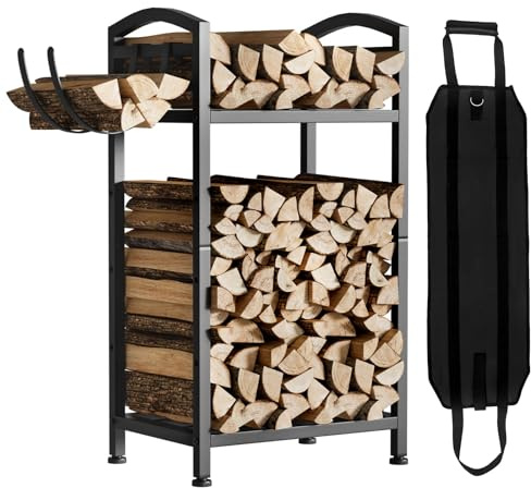 Yorbay Étagère à bois de cheminée intérieure en métal - Petite : étagère à bois de chauffage double couche avec crochets et sac à bois de cheminée - Noir - Étagère en bois robuste pour cheminée