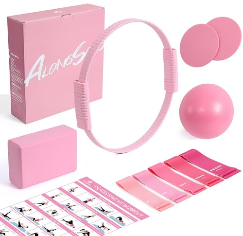 ALongSong Pilates Kit for Women, 13.7in Silicone Pilates Ring with Yoga Ball, 5 Resistance Bands, 1 Yoga Block, 2 Core Sliders, Guide for Full Body Home Workouts