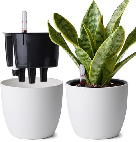 T4U Runda självvattnande krukor 21 cm, 2-pack, vita | Vattennivåindikator, Vattenbehållare, Krukväxter, Vardagsrum, Sovrum, Kontor, För nybörjare