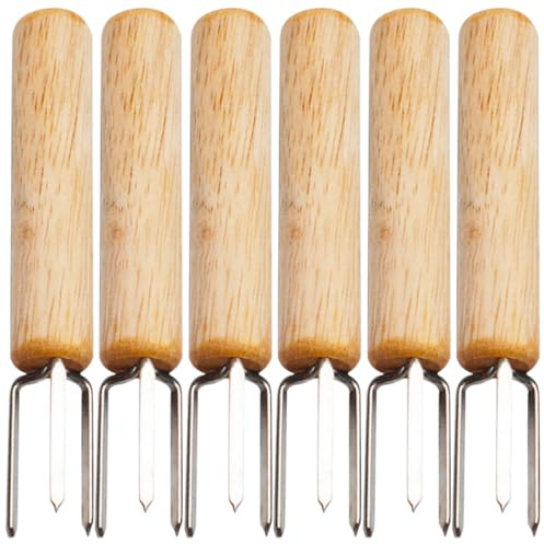 SHINEOFI Fourchettes à Maïs Robustes et Finement Travaillées Lot de 6 Réutilisables en Acier Inoxydable et Bois pour Barbecue, Camping et Pique-niques
