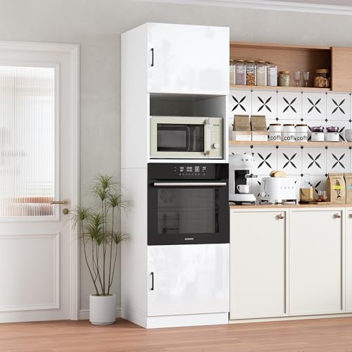 MSFE Armario de Cocina Alto para Microondas y Horno,Armario para Microondas con Mucho Espacio de Almacenamiento 60 * 57.2 * 207 cm,Muebles de Cocina de Madera,Blanco Brillante,Enviado en 2 Paquetes
