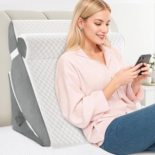 COOLBEBE Bed Wedge Pillow, Soft Memory Foam Wedge Pillow, White&Grey | Headrest Adjustable Incline Cushion for Acid Reflux and Back Pain Relief, Leg Support, Washable Cover