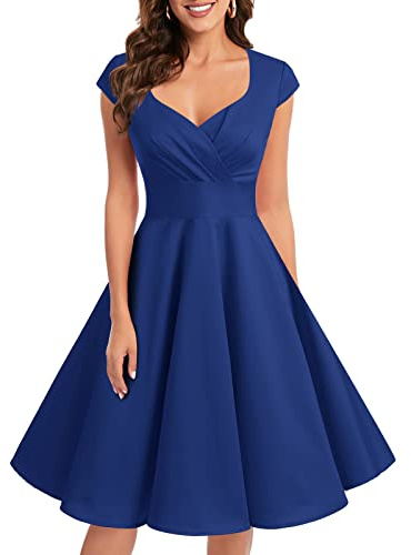bbonlinedress 1950er Vintage Retro Cocktailkleid Rockabilly V-Ausschnitt Faltenrock Royal Blue M
