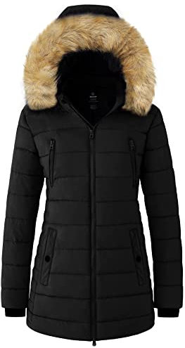Wantdo Women's Winter Warm Puffer Coat Water Resistant Outdoor Jacket Cotton Padded Jackets Faux Fur Hood Coats Black L