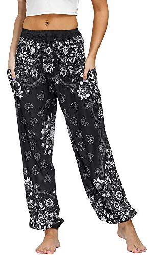 Nuofengkudu Mujer Pantalones Hippies Tailandeses Estampado Verano Cintura Alta Elastica con Bolsillos para Yoga Casual (Talla única, Y-Retro Flor)