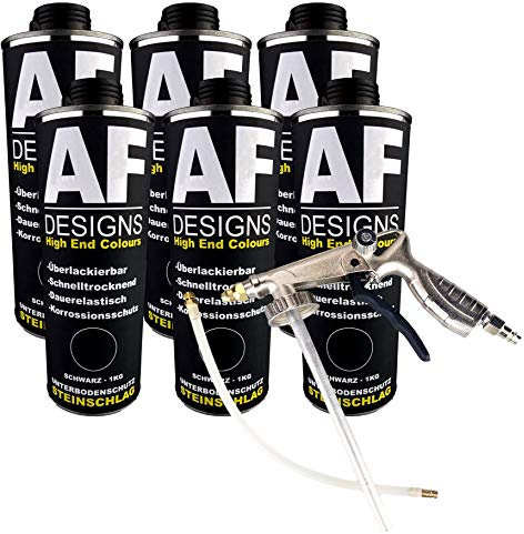 Alex Flittner Designs Protezione da pietrisco e sottoscocca di colore nero, 6 x 1 kg verniciabile + protezione sottoscocca pistola per cavità | Pistola antiruggine | Pistola a spruzzo