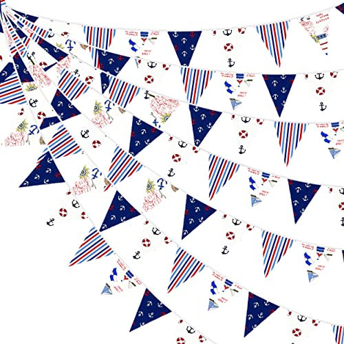 32Ft Red Blue White Bunting Banner Party Decorations Fabric Pennant Triangle Flag Garland for Ahoy Anchor Nautical Pirate Under The Sea Ocean Underwater Wedding Birthday Baby Shower Kids Room Nursery