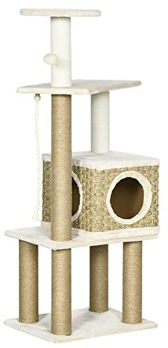 PawHut Cat Tree Climbing Kitten Tower Activity Centre for Indoor Cats w/Jute Scratching Post, Cat House, Kitten Stand, Hanging Toy Ball - Beige