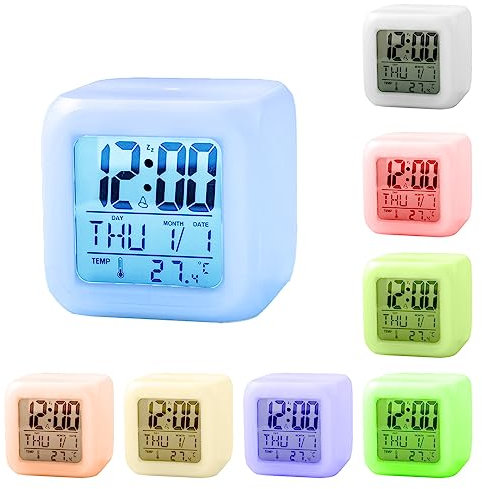 Kids Alarm Clock, Digital Clocks Bedside Sleep Trainer Clock with 7 Change Color Night Lights, Small Clocks for Bedrooms with Snooze Temperature Calendar Music, Grow Clock for Toddlers Boys Girls