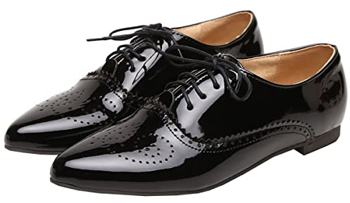 SHEMEE Women's Patent Leather Flat Oxfords Pumps Pointed Toe Vintage Wingtip Low Heels Lace Up Retro Brogues Dress Shoes Black,Size 7