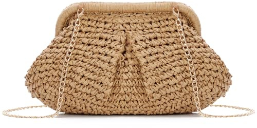 EVEOUT Pochette Femme en Paille Tressée Sac à Main en Forme de Ravioli en Raffia Boho Chic Sac de Soirée d’Été avec Chaîne pour Plage, Mariage & Vacances