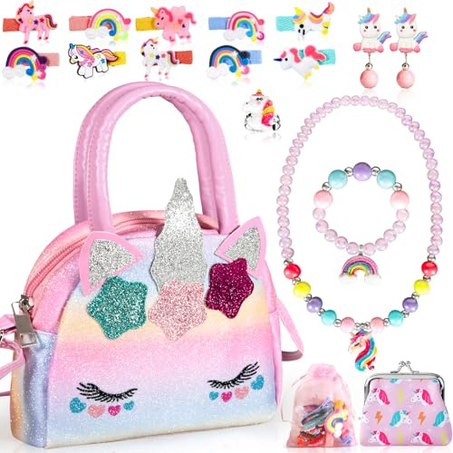 BGIUSQF Borsa Unicorno Bambina, Unicorno Bambina Regalo, Unicornos Borsetta Gioielli Set per Bambini, Unicornos Borsetta Bambinas Set Gioielli, Anelli, Collane, Forcine, Orecchini, per 3-6 Anni