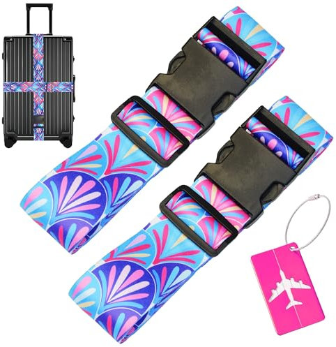 2 Stück Koffergurt, Kofferband Gurt,Kofferband mit 2 Stück Kofferschilder Anhänger,Kofferbänder Einstellbare,Koffergurte Auffällig mit Verschließbarer Schnalle für Koffer Gürtel Reisetasche (Color -2)