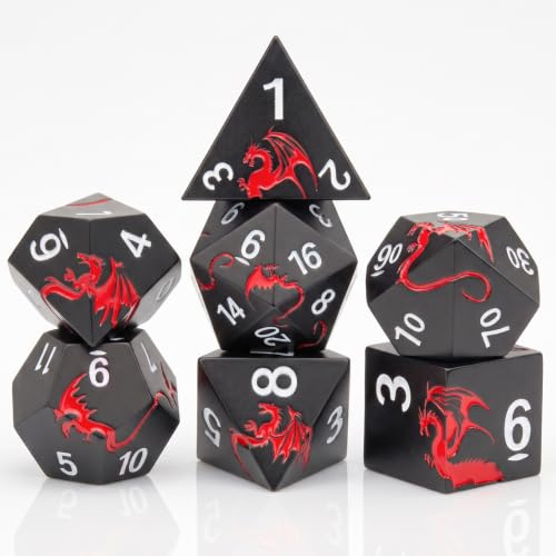 HNCCESG Juego de dados de metal de dragón negro y rojo, 7 PCS dados DND de aleación de zinc pesado con caja de regalo magnética para juegos de rol de mesa RPG (dragón negro y rojo)
