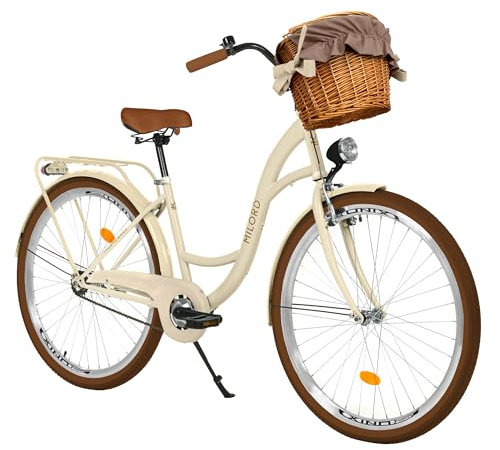MILORD Damenfahrrad Citybike Komfort Mit Weidenkorb Vintage Fahrrad, 26, 28 Zoll, 1-Gang (Braun-Creme, 28 Zoll)