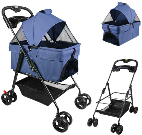 OHMG - Cochecito plegable para mascotas, carrito para perro y gato, cesta de almacenamiento con ruedas y freno de tela, 600D Oxford, acero, capazo extraíble
