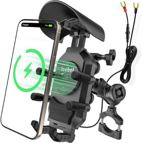 Jeebel Soporte de Teléfono para Moto, Porta Móvil de Motocicleta con Cargador Inalámbrico Qi 15W & USB-C QC 3.0 30W, IP67, Visera Solar, Giro 360°, Compatible con iPhone/Android/GPS/Cámara de Acción