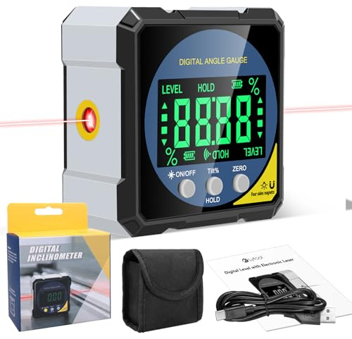 Digital Angle Finder with Dual Laser, 0.05° Magnetic Digital Inclinometer, Rechargeable Angle Gauge with Auto-Flip LCD for Table Saw Blade, Miter Saw Bevel Setting, Woodworking