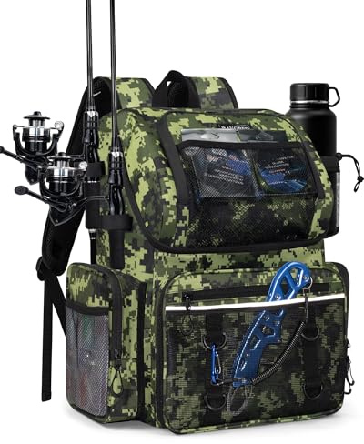 BAVGRED Fishing Backpack, Large Water Resistant Tackle Bag Storage Fishing Gear and Equipment, Built-in Cooler Compartment Green