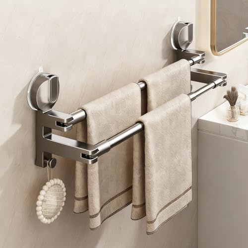 Toallero con ventosa, 50 – 77 cm, extensible, sin agujeros, barra para toallas de baño, barra de toalla de baño, barra de toalla de baño de doble longitud ajustable, toallero de acero inoxidable para