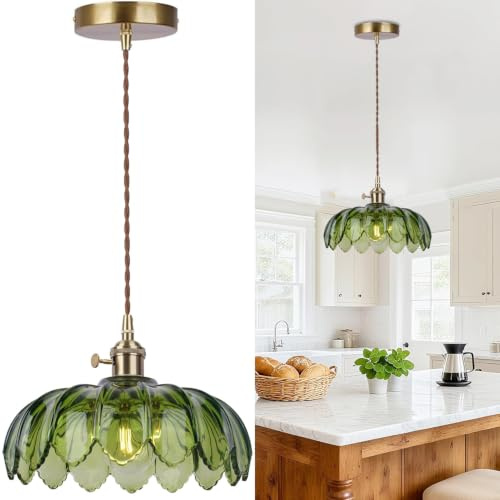 Lámpara Colgante de Techo Cristal Verde, Lámpara Techo Vintage E27, Ø26cm