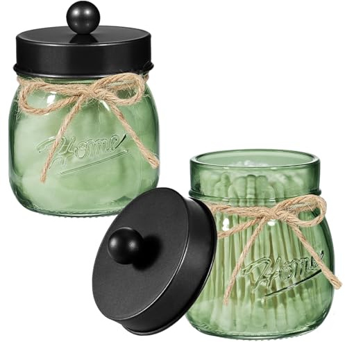 SheeChung Green Glass Qtip Holder Dispenser, Mason Jar Apothecary Jars with Lids, Bathroom Organizers and Storage, Vanity Countertop Canisters Set for Cotton Swab, Ball, Pad, Floss Pick-Black, 2 Pack