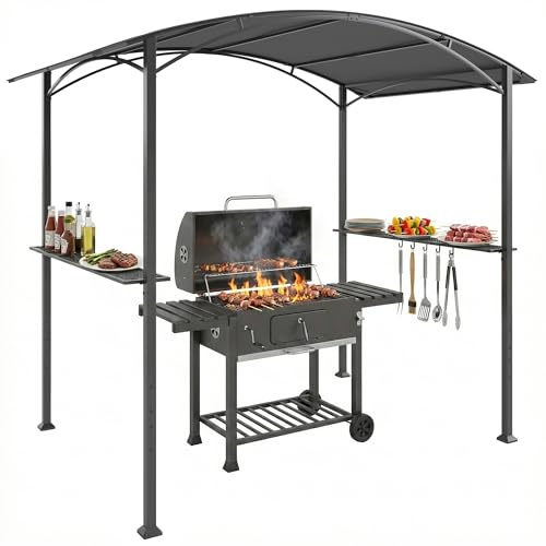 Outsunny Grillpaviljong 2,4 x 1,5 m flamskyddande trädgårdspaviljong med bågtak sidohyllor, krokar, trädgårdspaviljong av stål, grilltält för trädgård, fest, picknick, BBQ mörkgrå